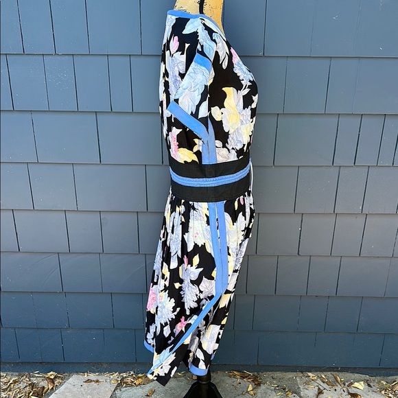 Vintage Chacok Floral V-Neck Dress with Blue Accents cotton side slits - Picture 7 of 13